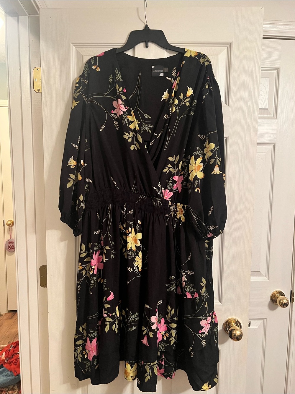 Maison Tara Black Floral Wrap Dress with Pink & Yellow Flowers
